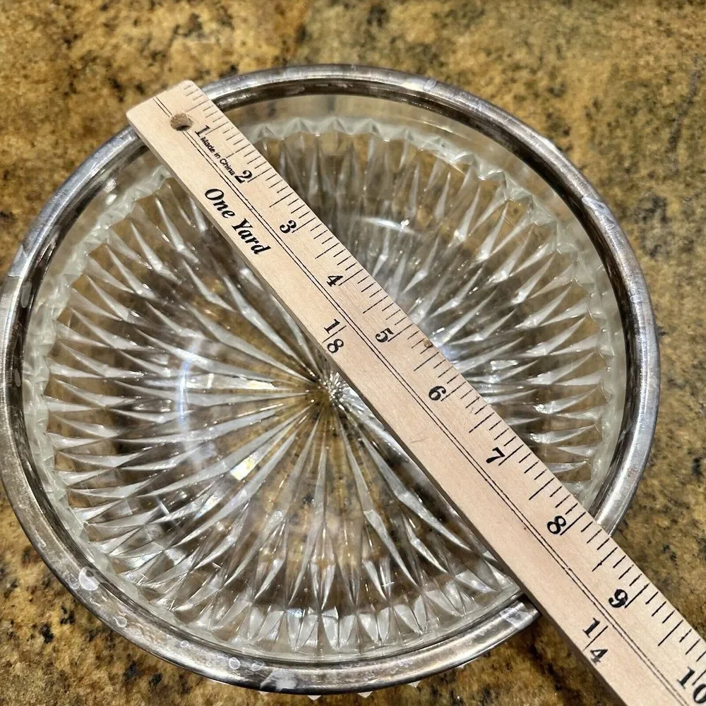 Vintage Crystal Candy Dish 8 Inch Fruit Bowl‎ Silverplate Rim Radiating MCM